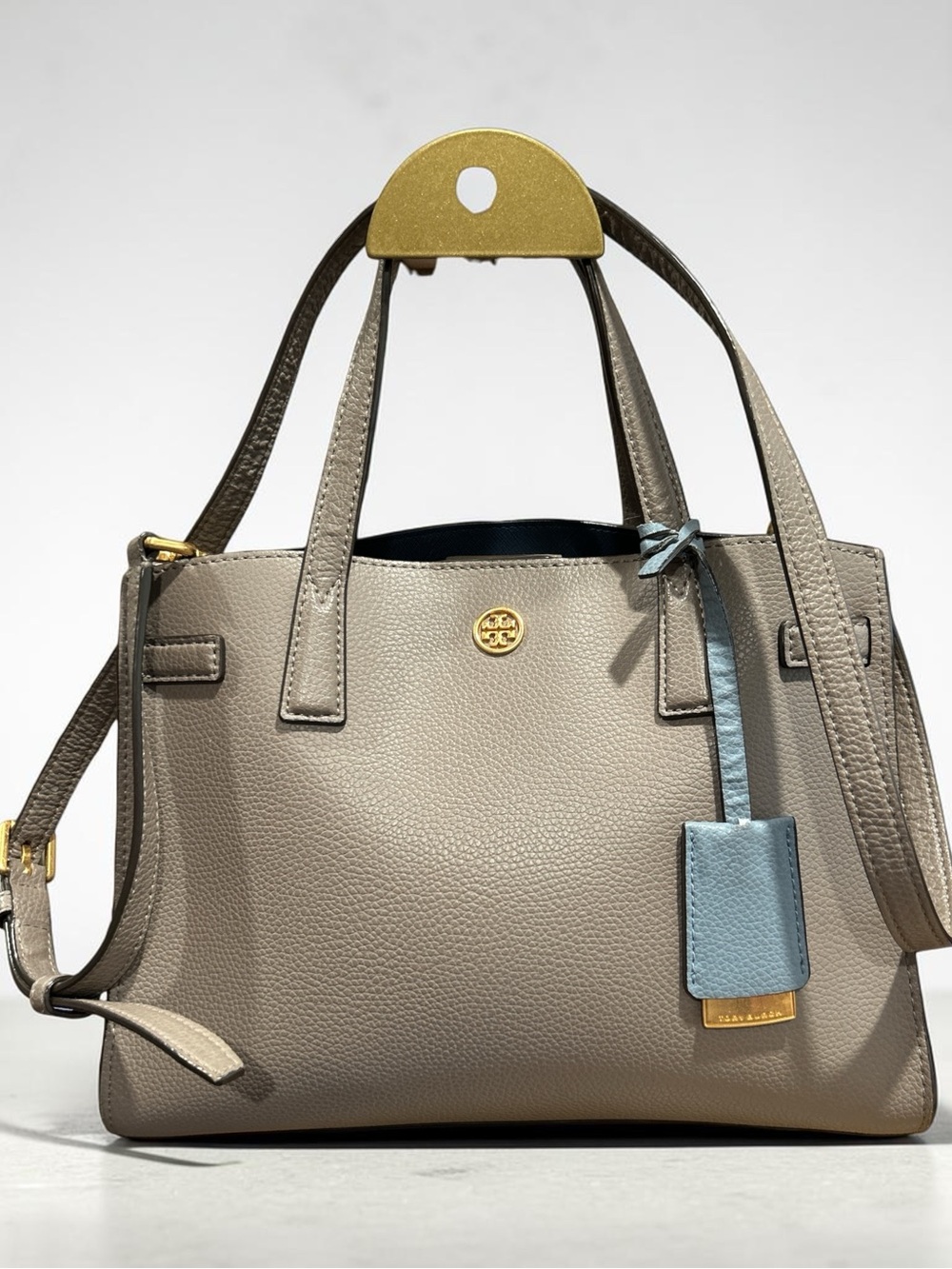 Tory Burch taupe leather tote with light blue luggage tag - Picture 1 of 9